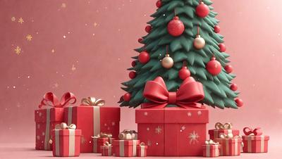 The primary subject of the image is a large, three-dimensional Christmas tree. The tree is adorned with ornaments, including red balls and gold stars. The setting is a pink background, which adds a festive touch to the scene. The visual style is a combination of digital art and illustration, creating a realistic and eye-catching representation of the Christmas tree. The colors and mood of the image are predominantly red and gold, which are associated with the holiday season and convey a warm, celebratory